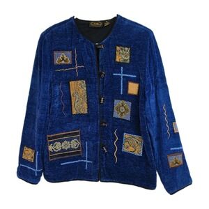Vintage 90s Allure Cardigan Womens S Blue Embroidered Art to Wear Glass Buttons